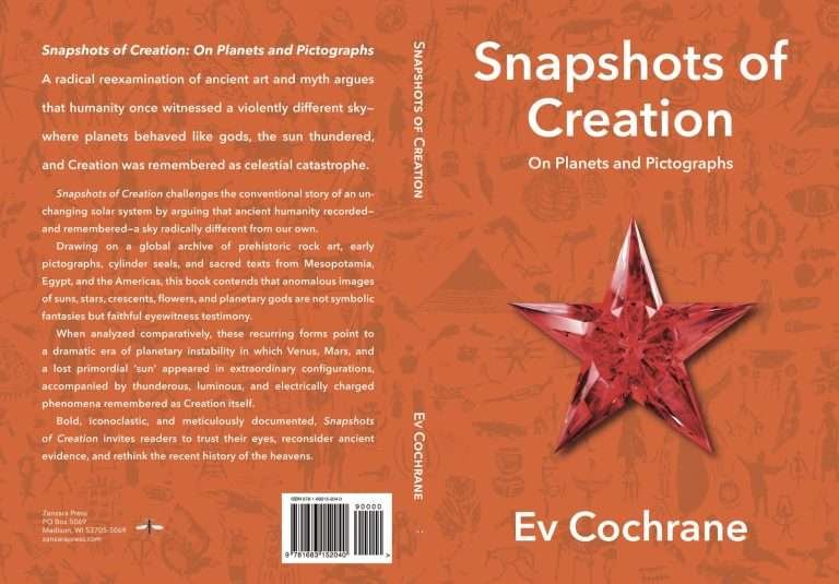 Book cover and back cover spread for Snapshots of Creation: On Planets and Pictographs by Ev Cochrane, featuring an orange background with faint prehistoric-style pictographs. The front cover shows large white title text above a red, faceted five-pointed star and the author’s name at the bottom. The spine contains the title and author name vertically. The back cover includes a long white summary text about ancient sky phenomena, a barcode, and publisher information.